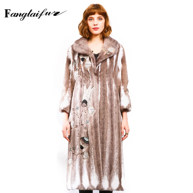 Ftangaiur Winter Women  Import Crown Velvet Mink Fur Coat Striped Turn-Down Collar Mink Coats Jacket  X-Long Real Mink Fur Coats