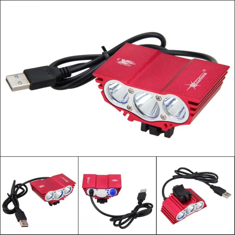 5000LM  Red Bicycle Handlebar Light 3 LED Bicycle Headlamp without Battery 5V USB  Rechargeable Headlight