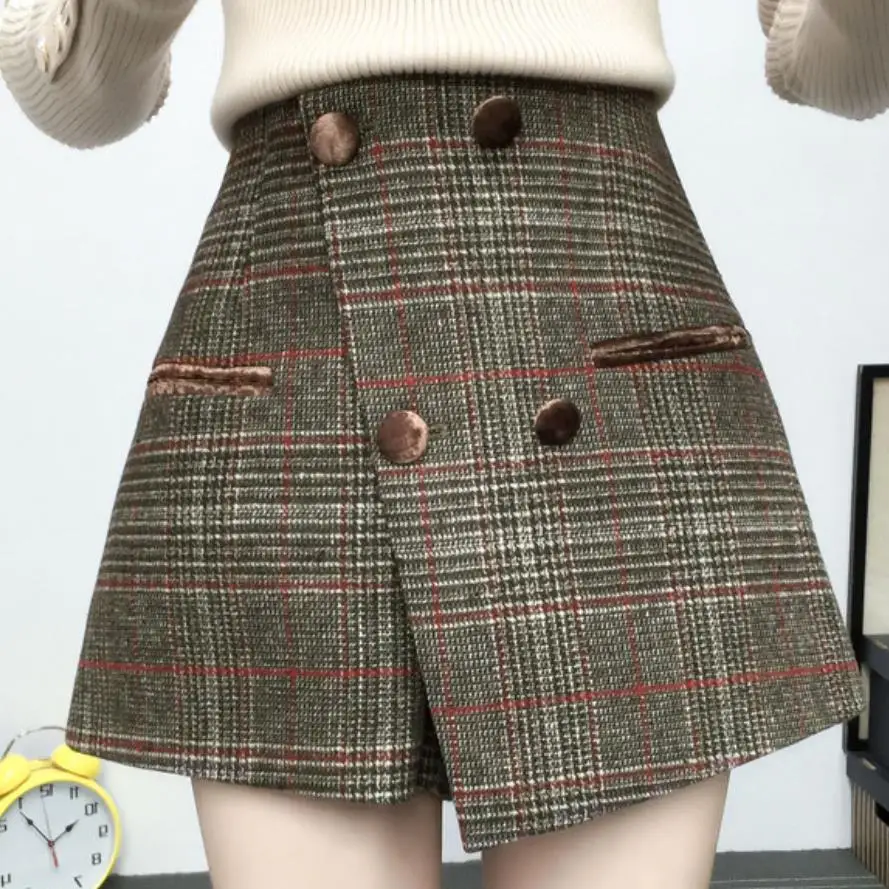 

High Waist woolen Button Mini Skirts Autumn Winter Ladies wide leg Women's Wool Plaid Shorts Skirts