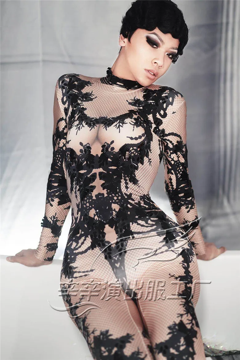 

2021 Women New 3D Black Printing Sequin Stretch Jumpsuit Leotard Tights Nightclub Bar Pole Dance Team Costume Sexy Stage Wear