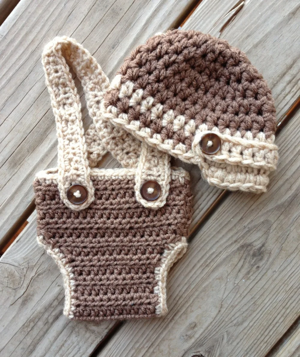 

free shipping,Crochet Baby Light coffee newsboy caps with overalls, handmade hat shorts baby Set Newborn Photo Prop NB-3M gift