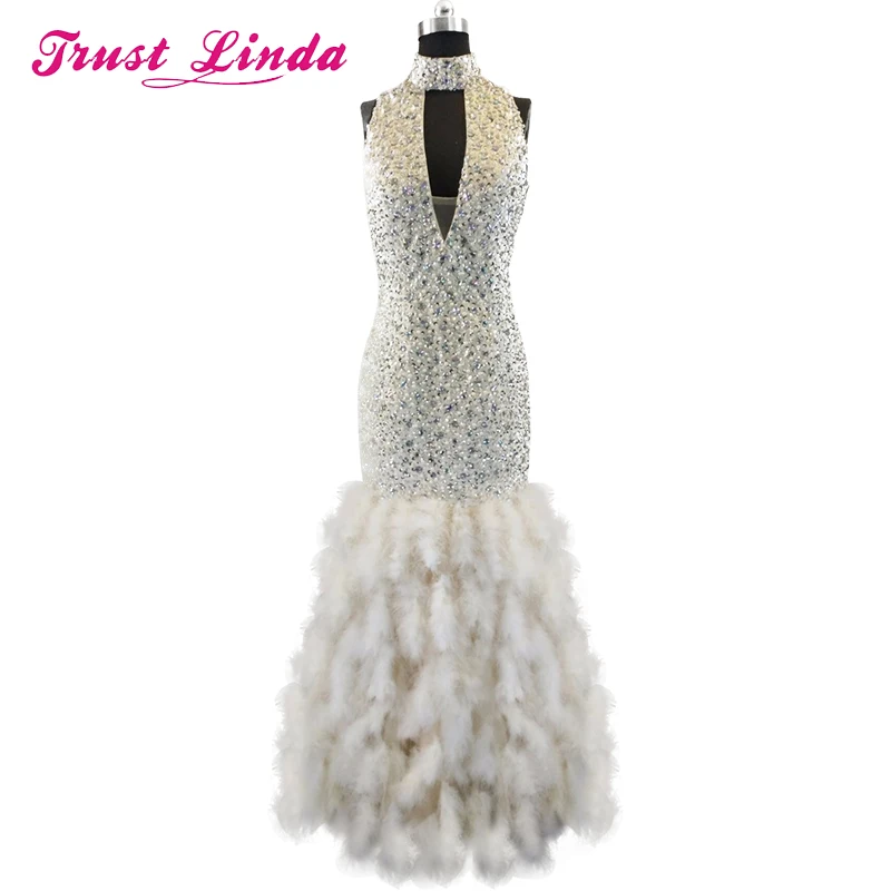 Sexy Real Sample Mermaid Halter Mother Dresse Blingbling Beading Crystal V-neck Feathers Prom Dresses  Evening Gowns Custom Made