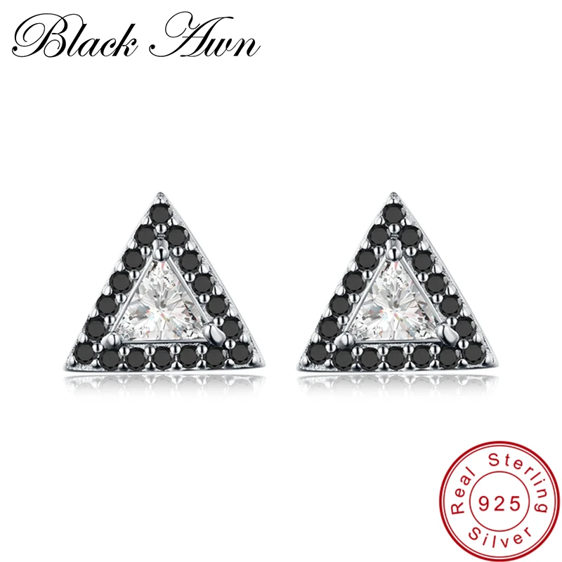 

[BLACK AWN] 100% Pure 925 Sterling Silver Triangle Jewelry Row Black Spinel Stone Engagement Stud Earrings for Women T171