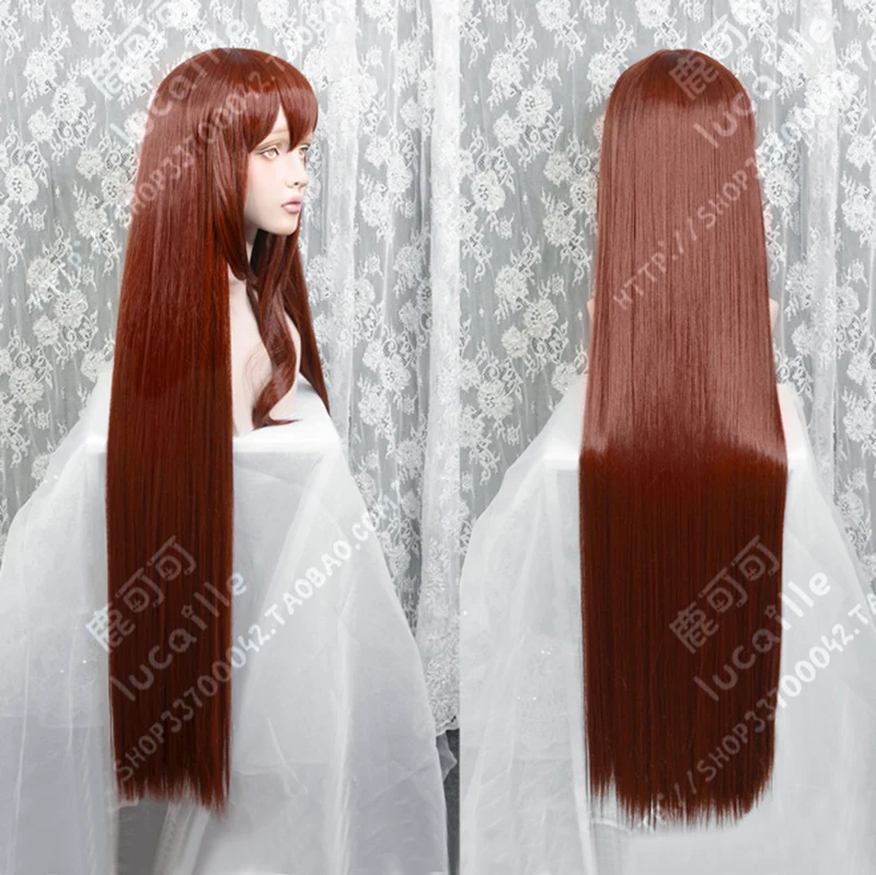 80cm, 100cm Makise Kurisu Long Straight Brown Wig Steins Gate Christina Assistant Heat Resistant Hair Cosplay Wigs + Wig Cap