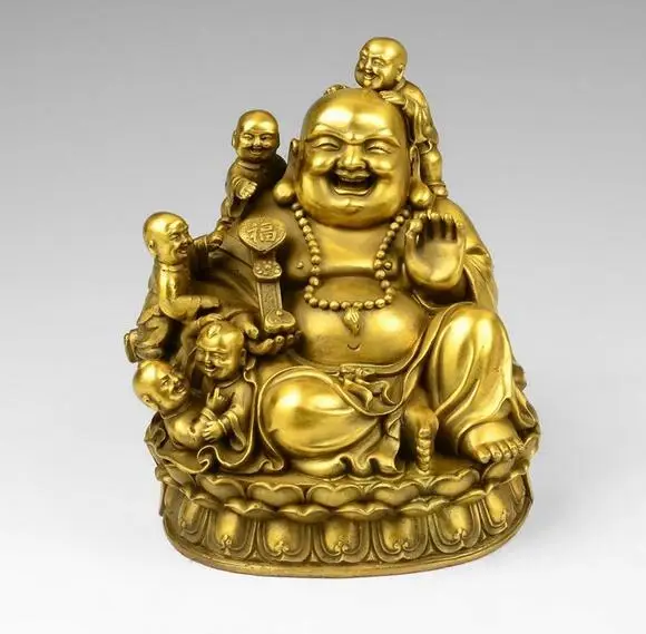 Chinese brass Maitreya Buddha and five children play happily