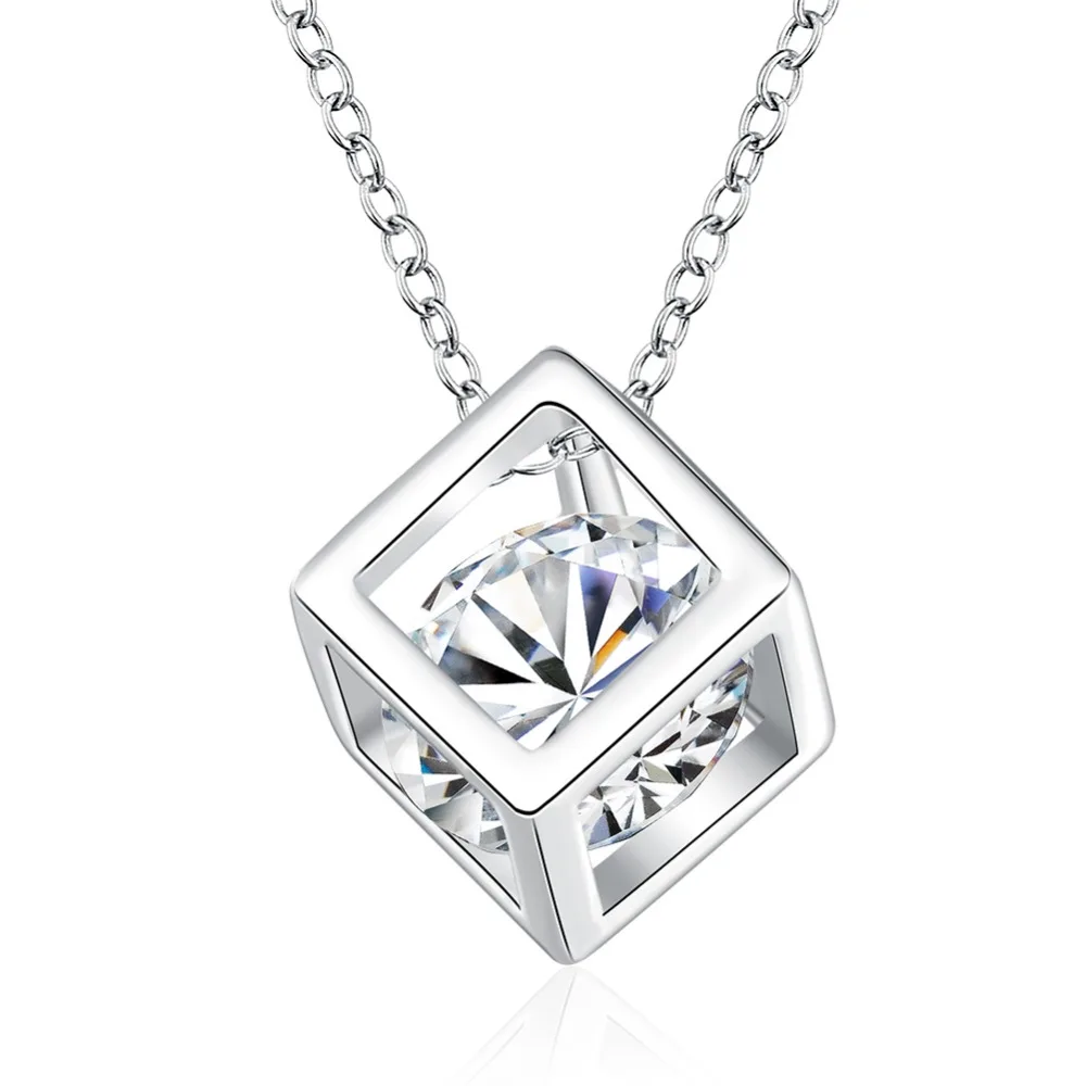 Simple Style Elegant Women Square Shape 925 Sterling Silver Necklaces New Long Cubic Zirconia Pendant Fine Jewelry For Women