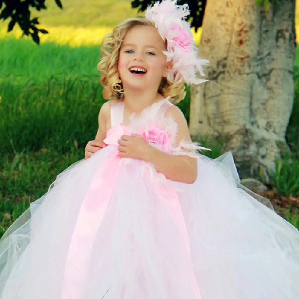 Vestido de tutú de plumas para niñas, vestido de tul de ganchillo con lazo de cinta grande y Diadema de flores, vestido de princesa para niños, novedad