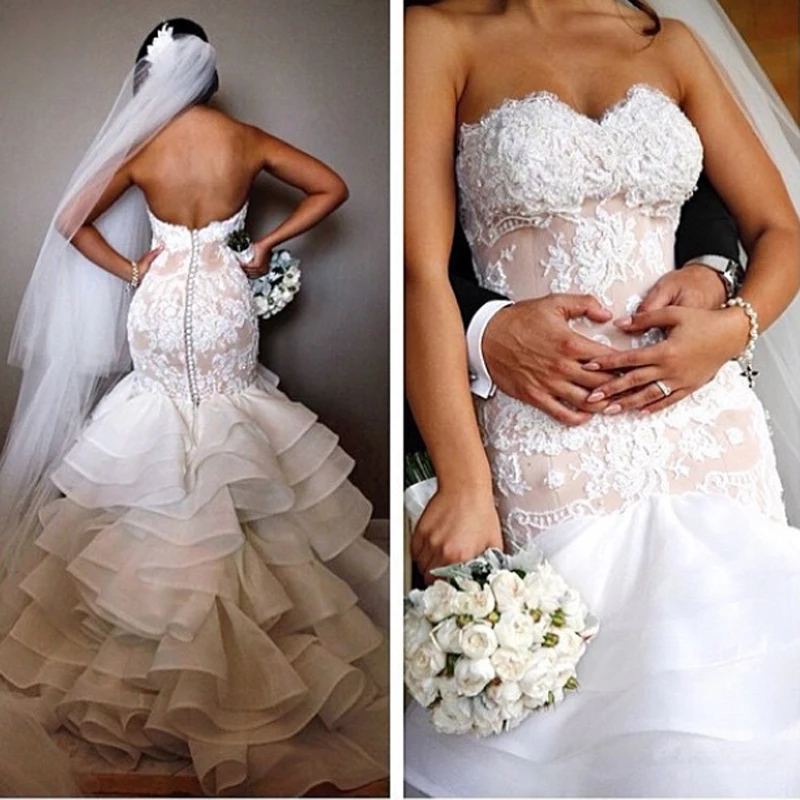 

2021 Fashionable Ruffles Wedding Dress Lace Mermaid Bridal Gown See Through Bone Tiered Button Vestido De Novia Para Casamento