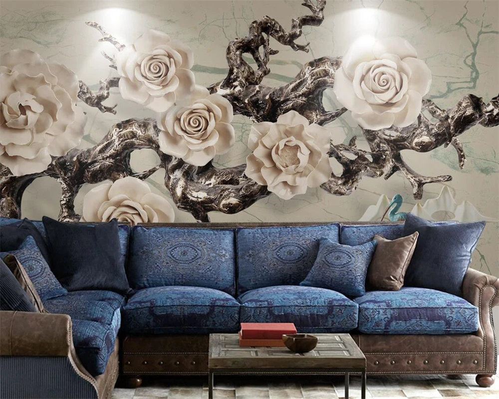 Beibehang Custom wallpaper three-dimensional embossed ancient tree flower squid living room background walls murals 3d wallpaper