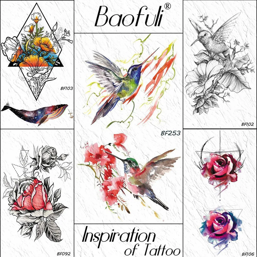 BAOFULI Hummingbird Blume Blätter Temporäre Tattoo Aufkleber Aquarell Tinte Fly Tattoos Bunte Körper Kunst Arm Frauen Gefälschte Tatoo