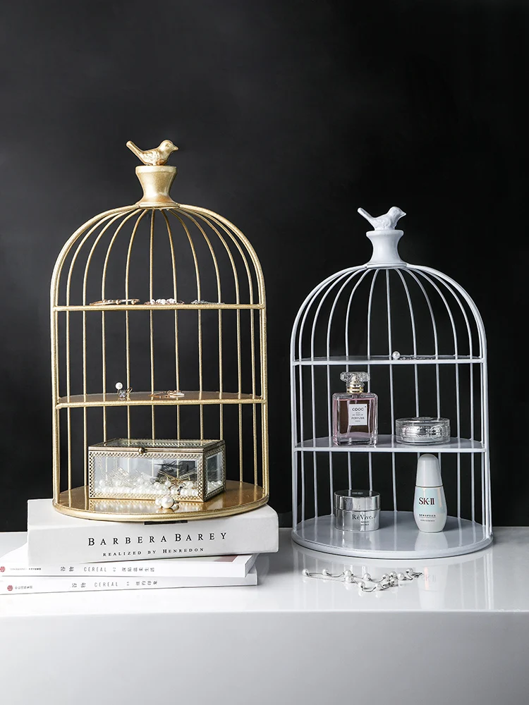 Nordic Gold Ornaments Creative Wrought Iron Dessert Bird Cage Retro Makeup Storage Rack