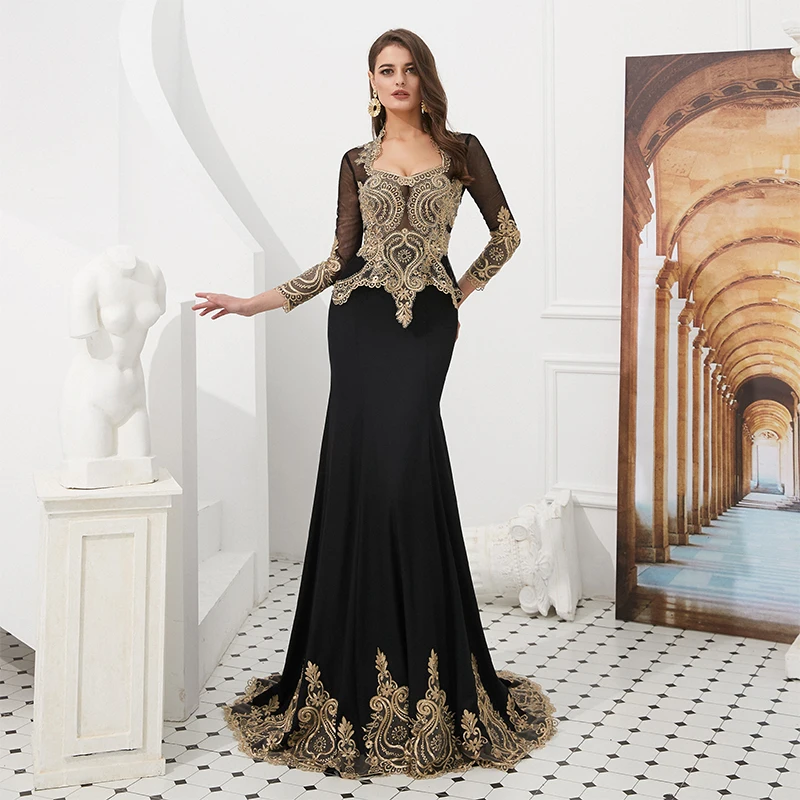 Novidade alta qualidade vestidos de mãe da noiva, vestido de sereia preto tule apliques dourados, vestidos de casamento para convidados