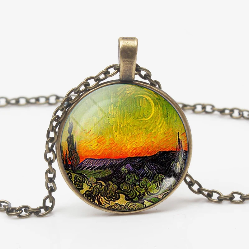 Vintage Van Gogh Oil Painting Pendant Necklace Moon Night Street Landscape Pattern Sunflower Necklace Men Women Handmade Trinket