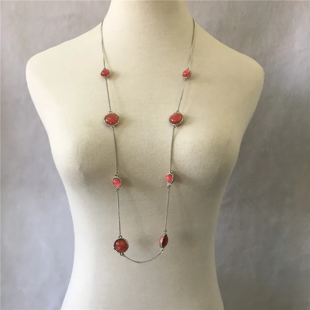 Lovely Gold Color Plating With Green Red Blue Stone Long Necklace For Women Sweater Decoration Gorgeous Elegant Party Jewelry