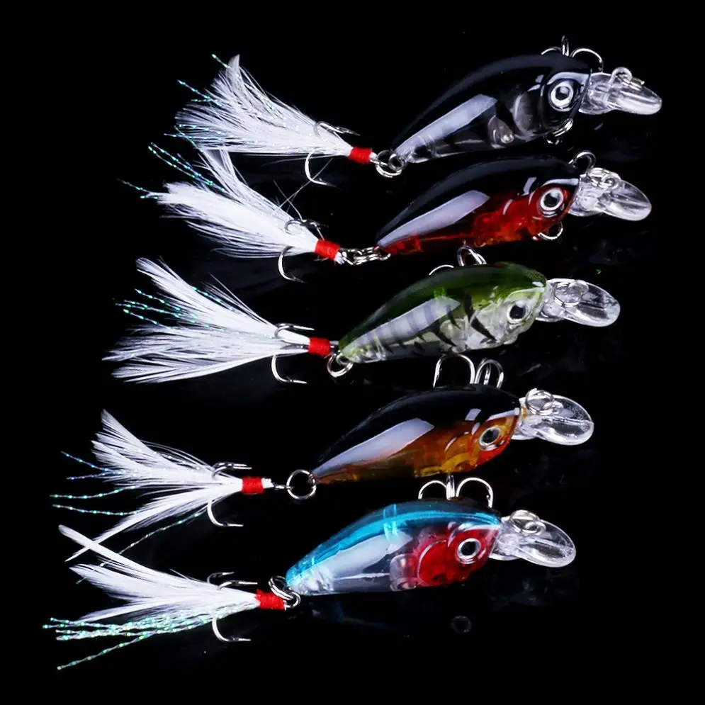 

5pcs/lot 3.6cm 3.5g Artificial Colorful Fishing Lures Crank Baits Mini Crankbait With 3D Eyes and Feather