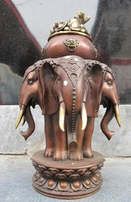 Chinese red Bronze Feng shui three Elephant zun Lucky Wealth Incense Burner