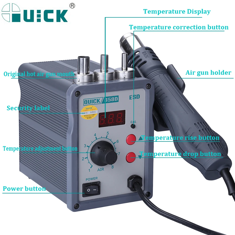 QUICK 858D 110V/220V 700W Hot Air Soldering Station LED Digital Display Soft Wind Hot Air Heat Gun SMD BGA Rework Station