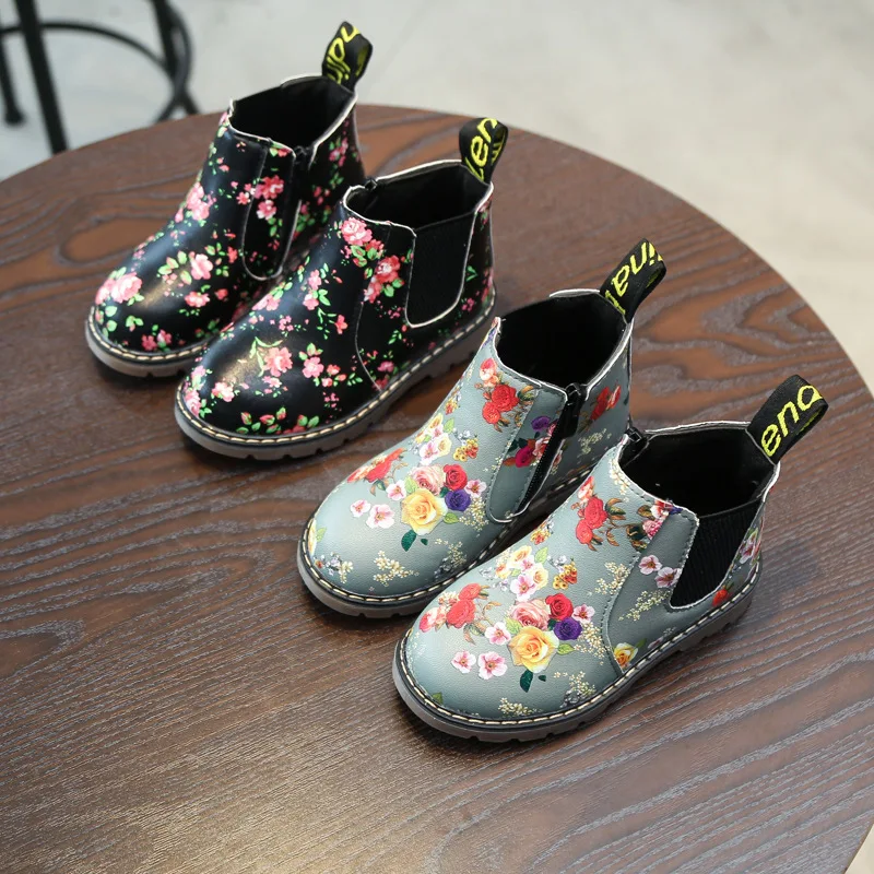 CNFSNJ new spring winter Girls Boots Floral Martin Boots 21-36 Kids Rubber Sole Graceful Flower Print PU Leather Bottes sneakers