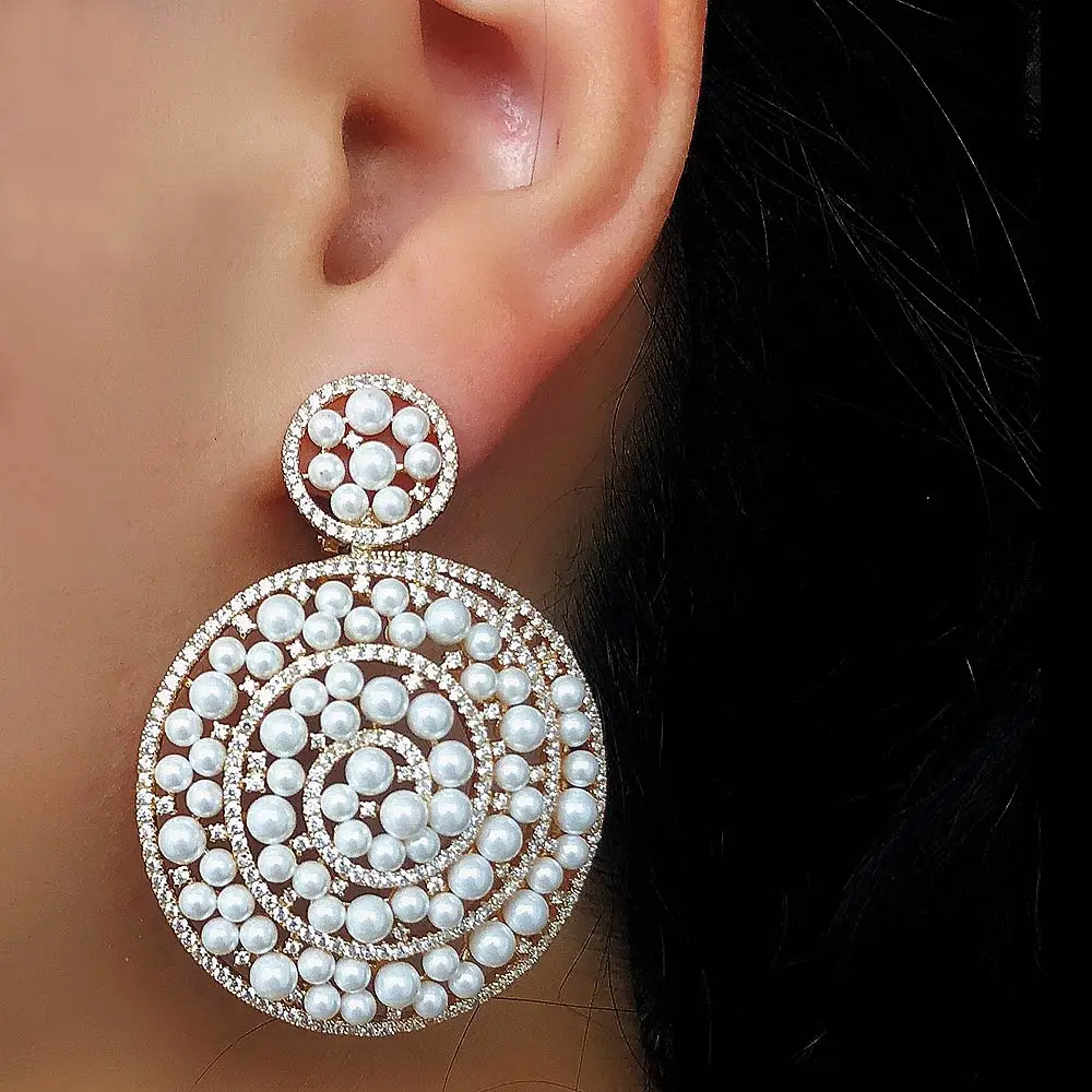 

2020 Charms Imitation Pearls Statement Earrings For Women Luxury Full Cubic Zircon Wedding Bridal DUBAI Dangle Earrings Jewelry