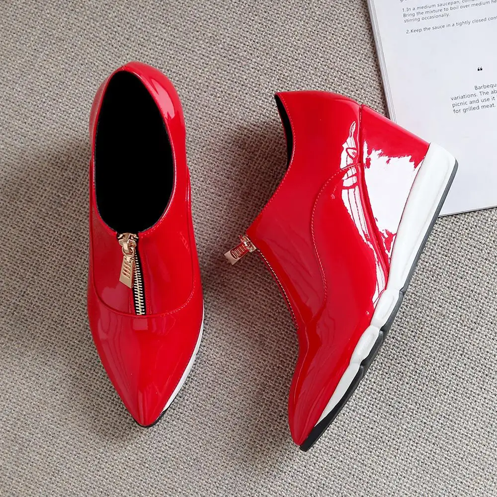 ANNYMOLI Women Pumps High Heels Patent Leather Wedges High Heels Shoes Zipper Pointed Toe Ladies Shoes New Spring Red Size 34-40