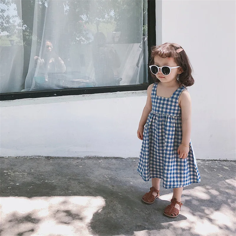 korean style Cotton Linen Baby Girls Princess Dress 2024 Summer New Plaid Sleeveless Clothes Kids Casual Dresses