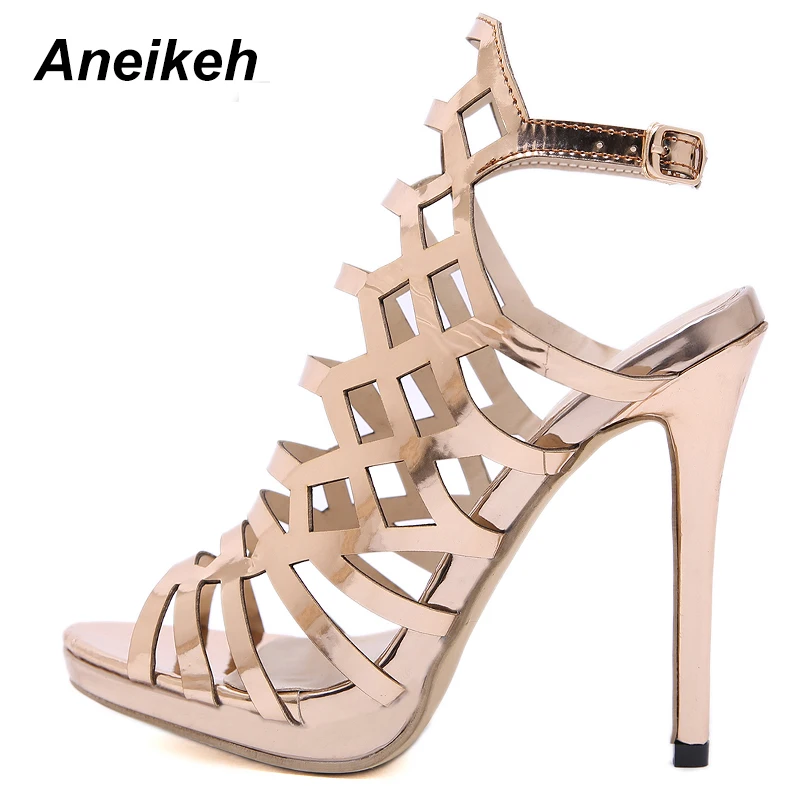 Aneikeh 2024 Fashion Night Club Sexy Hollow Out Super High Heel Womens Sandals Patent Leather Gladiator Golden Party Shoes 35-40