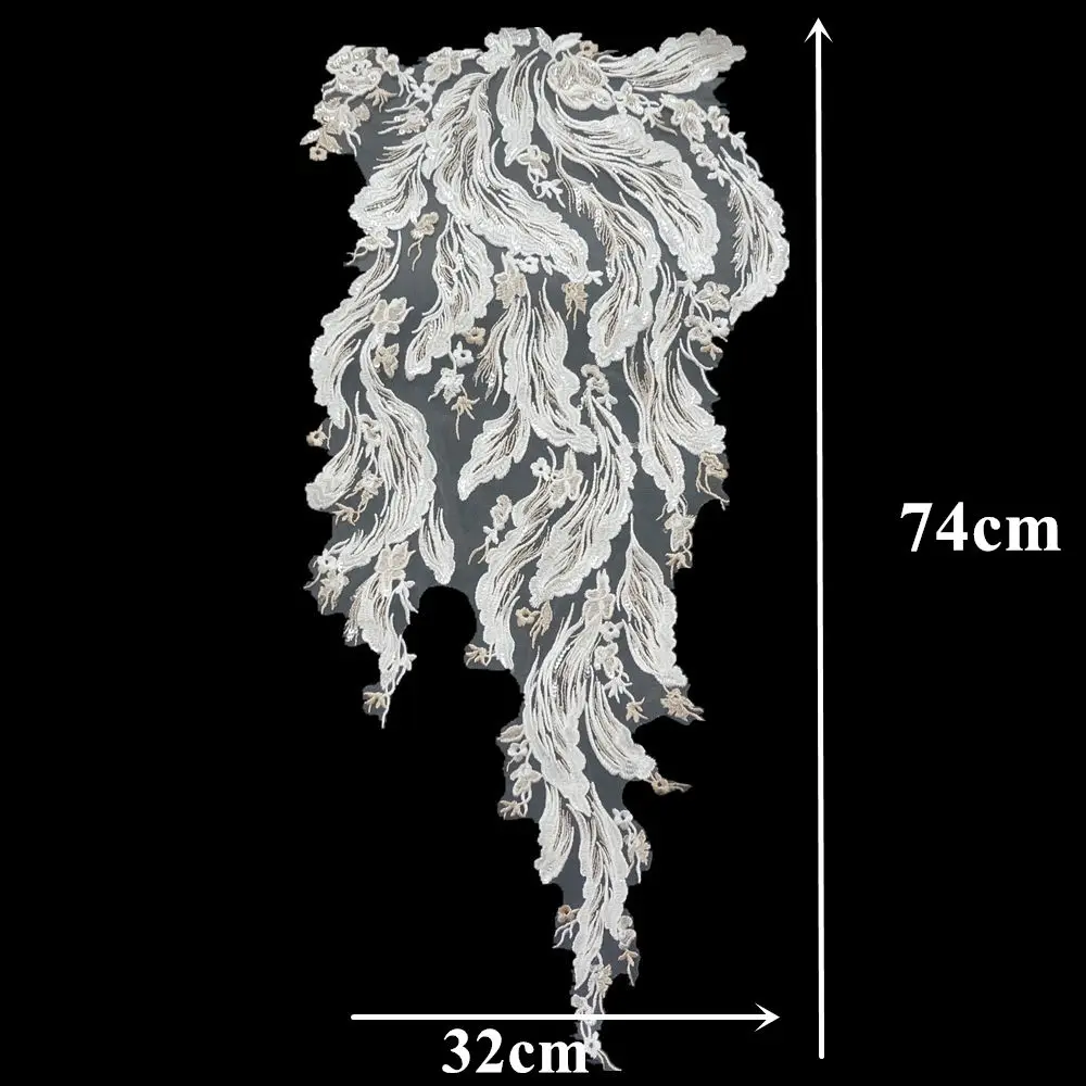 Tela de encaje de lentejuelas de plumas blancas, bordado de ensueño, apliques de vestido de novia, adornos de cuello, Parche de costura para