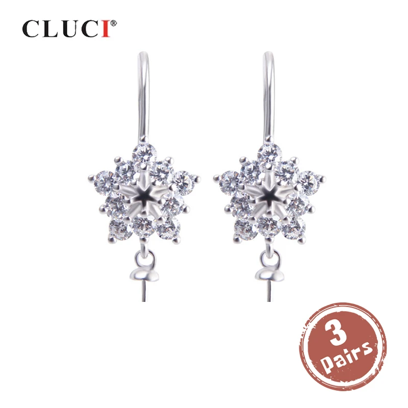 

CLUCI 3 pair wholesale Silver 925 Snowflake Zircon Drop Earrings Pearl Mounting Jewelry 925 Sterling Silver Earrings SE054SB