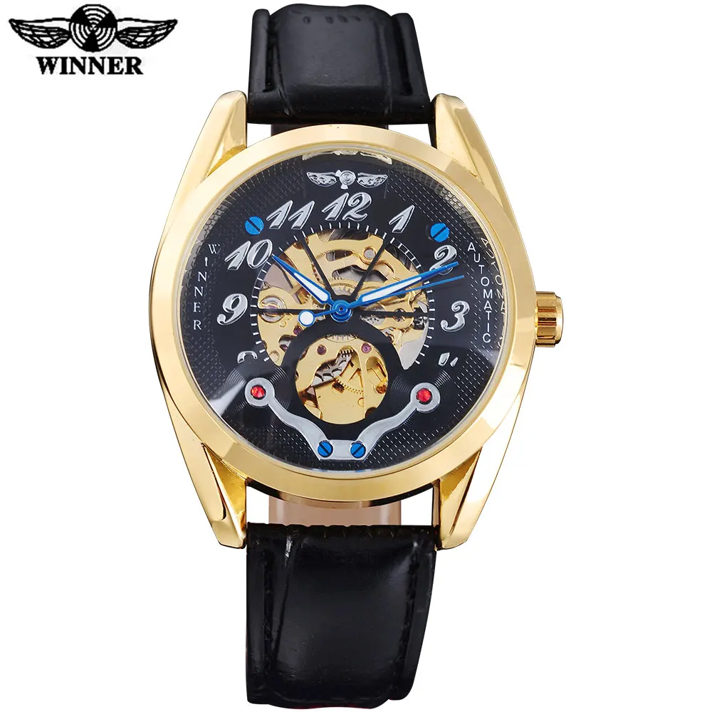 TWINNER fashion brand men mechanical watches leather strap hot casual men's automatic skeleton gold black watches reloj hombre