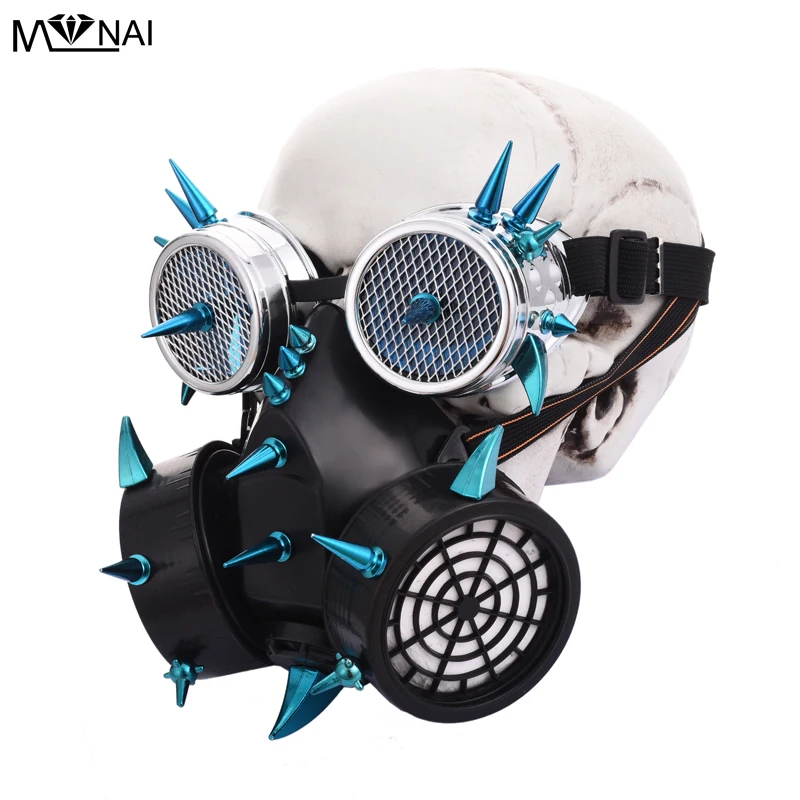 Punk Gothic Blue Spikes Steampunk Mask Goggles Women /Men Cosplay Props Halloween Costume Accessories