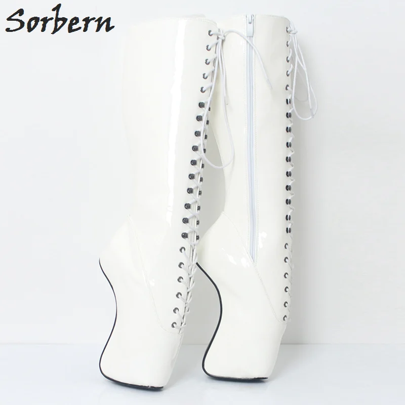Sorbern Lace Up Knee-High Ballet Wedge Boots Fetish Dominatrix Hoof Heelless Mid Calf Boots For Women Shoes 18Cm High Heel 2018