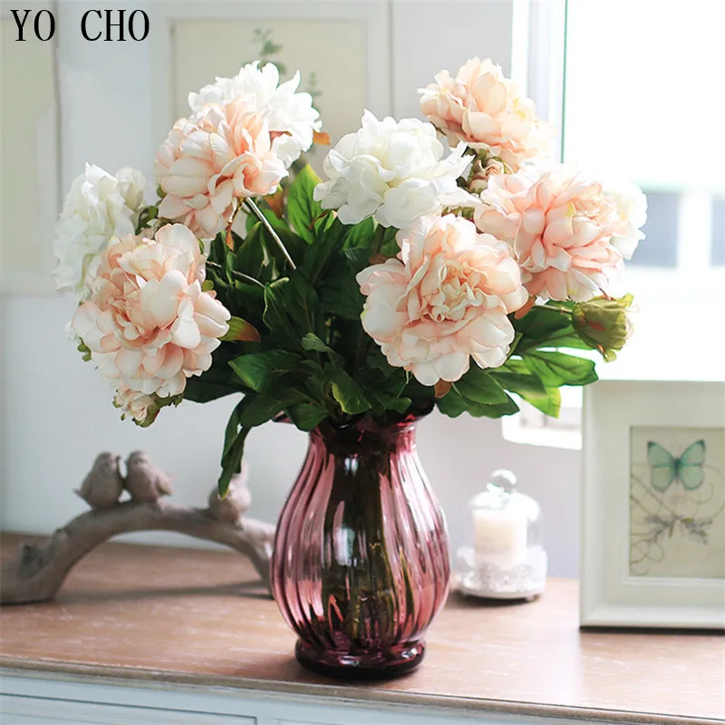 YO CHO Party Fake flower 2 Flower Heads Floral Wedding Arrangement Home Wedding Decor silk peonies artificial peony bouquet