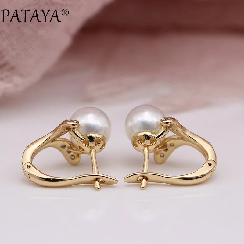 PATAYA New 585 Rose Gold Color Earring Women Fashion Round Shell Pearls Jewelry Coral Red Natural Zircon Dangle Earrings