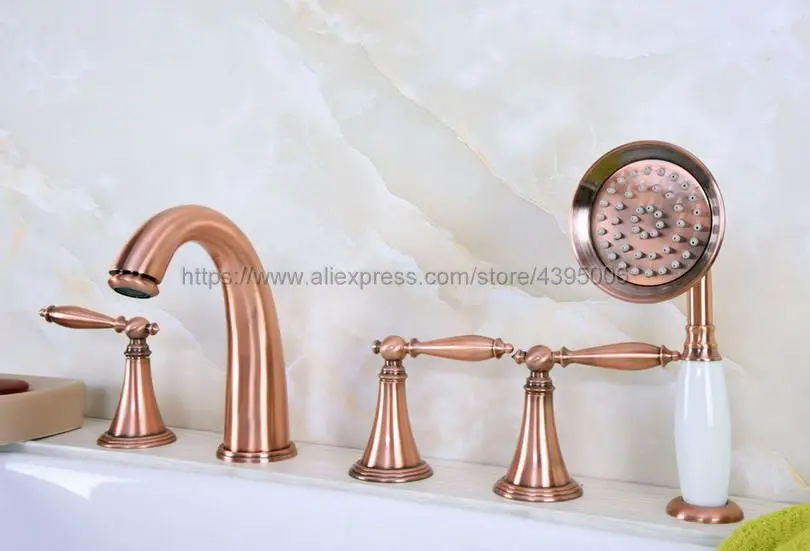 

Bathtub Faucet widespread 5 Hole Tub Sink Mixer Tap Red Copper Bathroom Hot Cold Water Faucet with Handshower Btf203