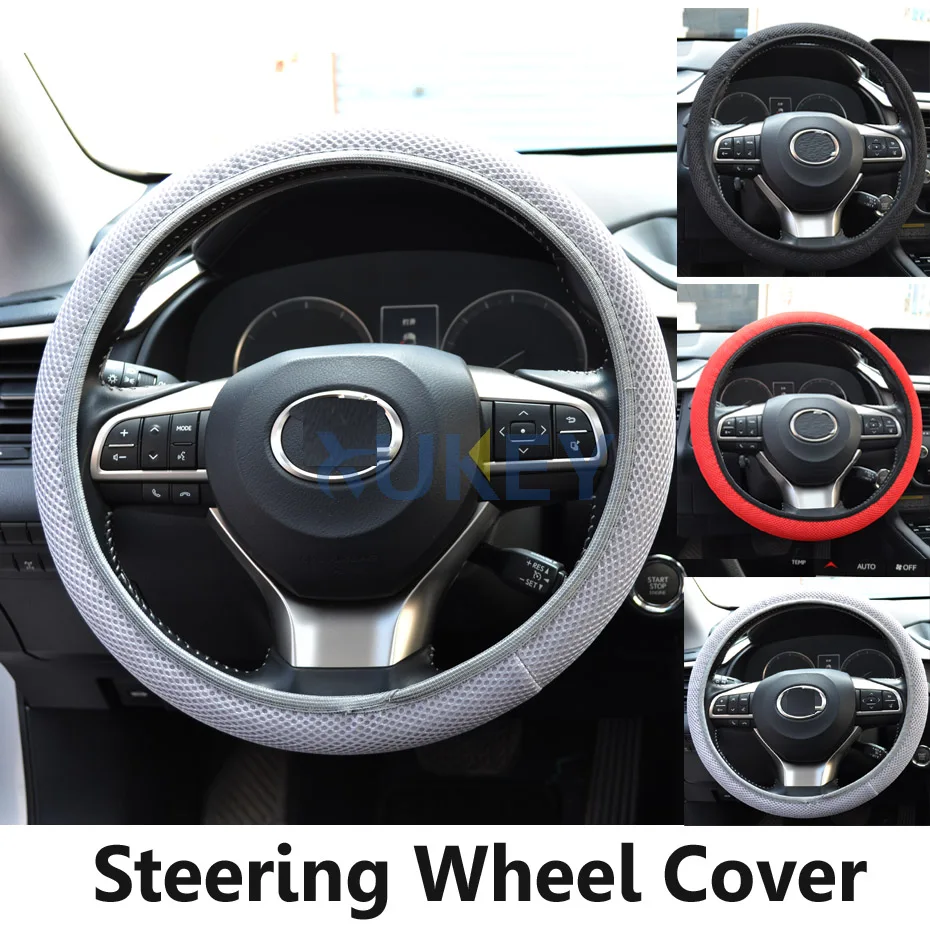 1Pc Breathable Car Auto Elastic Handmade Skid Proof Steering Wheel Cover For Summer Use Non Slip 38cm Black/Red/Gray Cool