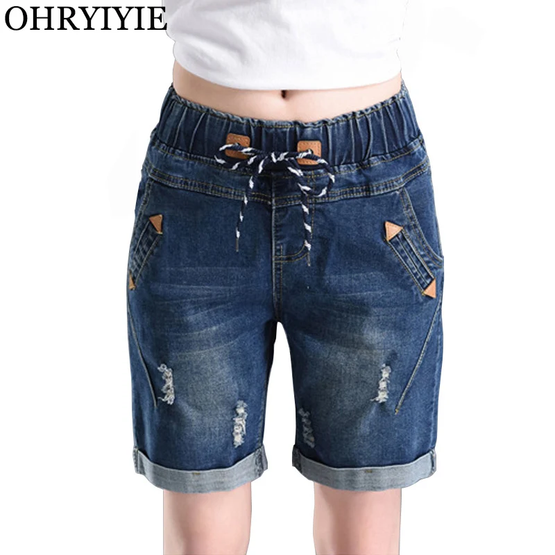 OHRYIYIE Large Size 6XL High Waist Denim Shorts Women 2023 New Summer Elastic Waist Jeans Shorts Femme Loose Hole Curling Shorts