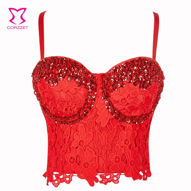 

Corzzet Gothic Red Flora Lace And Sequined Push Up Steampunk Punk Sexy Bustiers Top Club Dance Bras