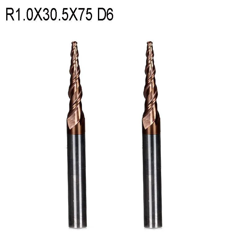 

2pcs/lot HRC55 R1mm Tungsten solid carbide Coated Tapered Ball Nose End Mills taper and cone endmills R1*D6*30.5*75L*2F