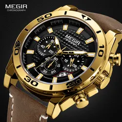 MEGIR Degli Uomini della Cinghia di Cuoio di Orologi Al Quarzo Impermeabile Luminoso Esercito Sport Chronograph Orologio Da Polso Da Uomo Relógios Orologio 2094 Oro