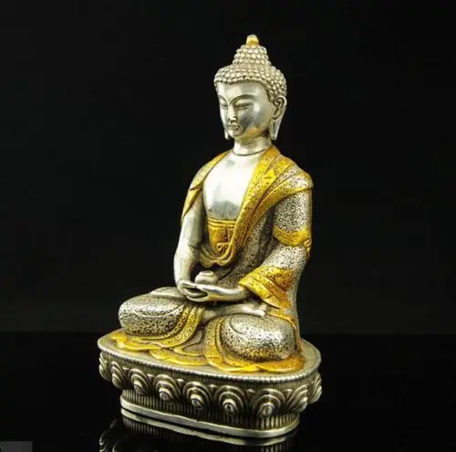 Rare Tibet Silver Copper Gilt Tibetan Buddhism Statue -- Sakyamuni Buddha decoration metal handicraft