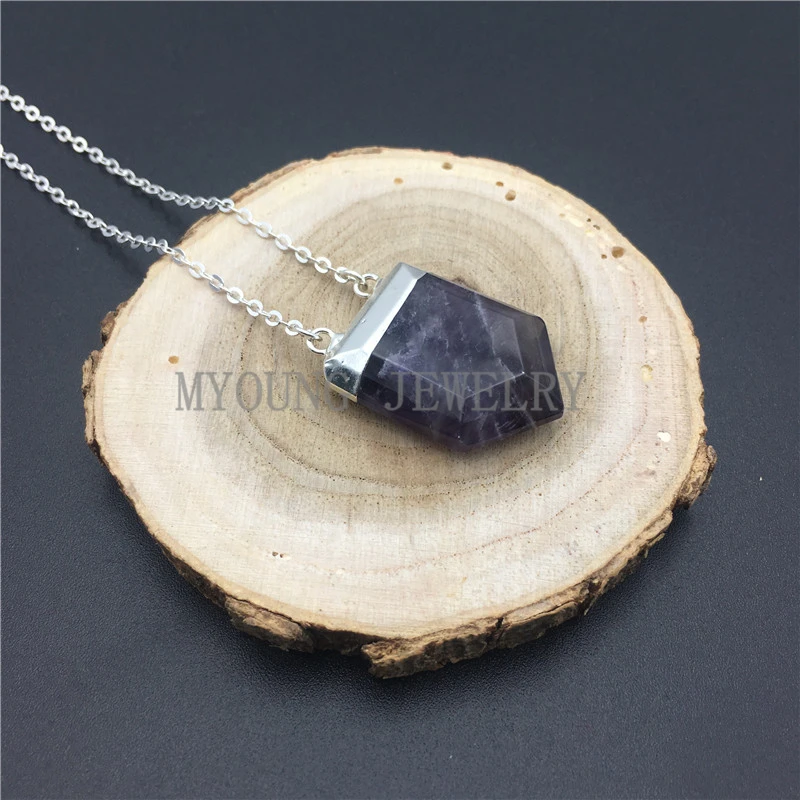 

MY0885 Faceted Pentagon Amethysts Point Pendant Purple Crystal Quartz Necklace with Silver Color Chain kolye