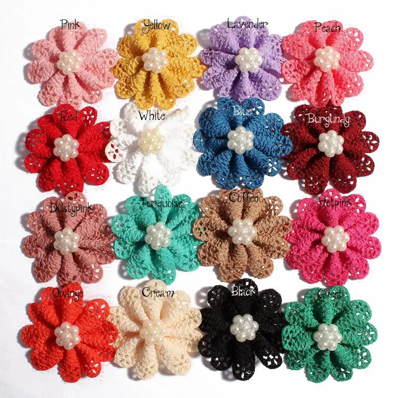 120pcs/lot 5.5cm 16colors Hair Clips Mini Hollow Out Flowers With Pearl For Hair Accessories Fabric Flowers For DIY Headbands