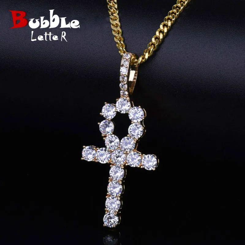 Bubble Letter Ankh Cross Necklace for Men Iced Pendant Gold Color Hip Hop Jewelry Prong Setting Cubic Zirconia