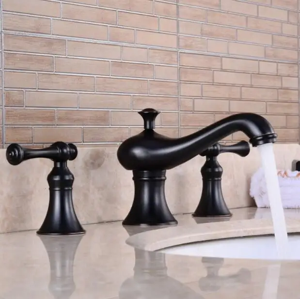 

America style black finished bathroom widespread 8' cross handle sink faucet basin mixer tap three holes basin faucet