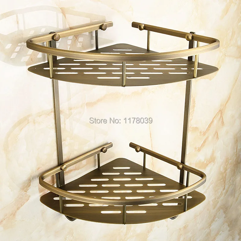 European antique brass corner bathroom shelving,retro Bathroom dual tier shelf with hooks,Bathroom hardware accessories,J16498