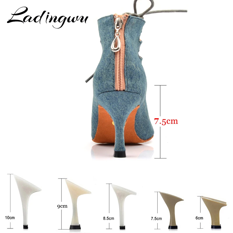 Ladingwu Latin dance shoes Women Denim Blue Dance boots wide thin high heel 10-6cm Salsa Performance Ballroom Dance Shoes