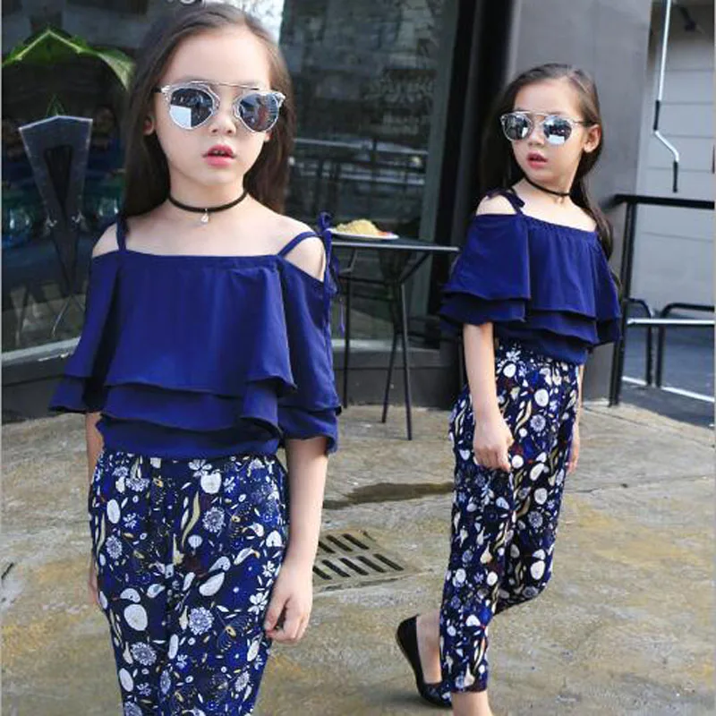 

Kids clothes girls sets summer Sling shirt+Ankle-lenght pants kids fashion clothes sets for 5-15 children outwear tee tops girls