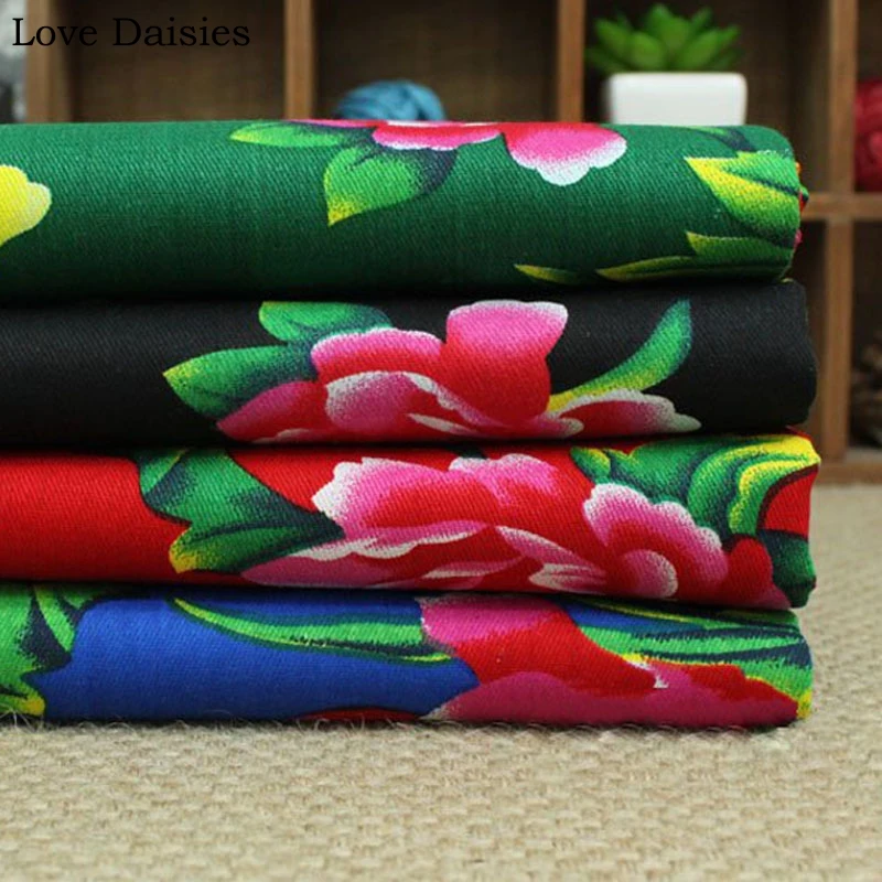 100% Cotton RED BLACK GREEN BLUE Ethnic Chinese Traditional Pony Flowers Fabrics for DIY Apparel Craft Tablecloth Cushion Decor