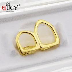 GUCY Hip Hop Hollow Open Face Double Teeth Grills Yellow Gold Silver Color Plated Top Two Right Canine Teeth Grillz Caps,Gift