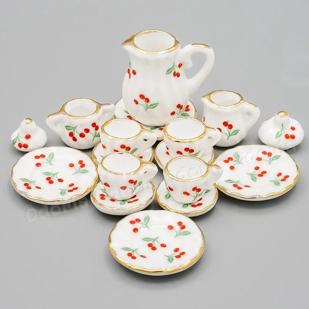 Odoria 1:12 Miniature 15PCS Tea Cup Set Red Cherries Golden Trim Porcelain Tableware Teaware Kitchen Dollhouse Accessories Decor